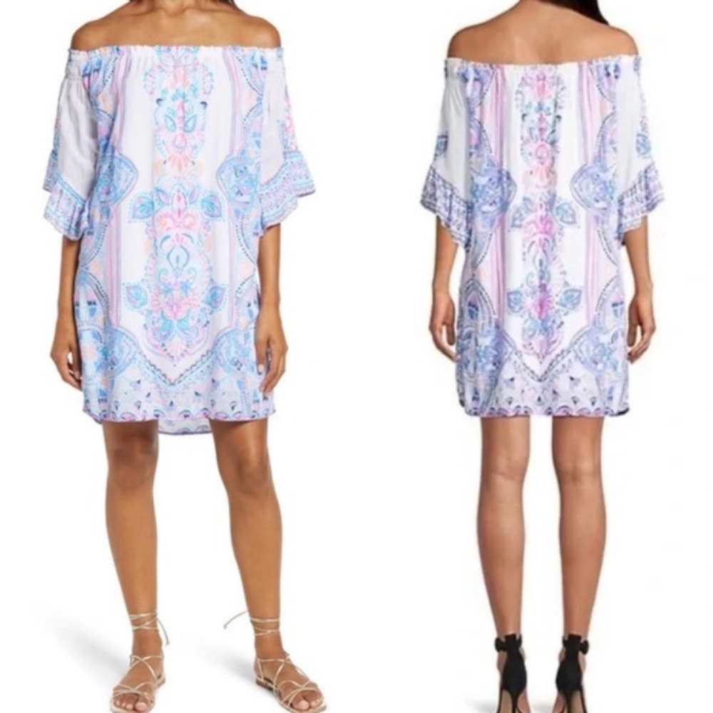 Lilly Pulitzer Fawna Off-The-Shoulder Mini Dress‎ in Resort White Chic Retreat L